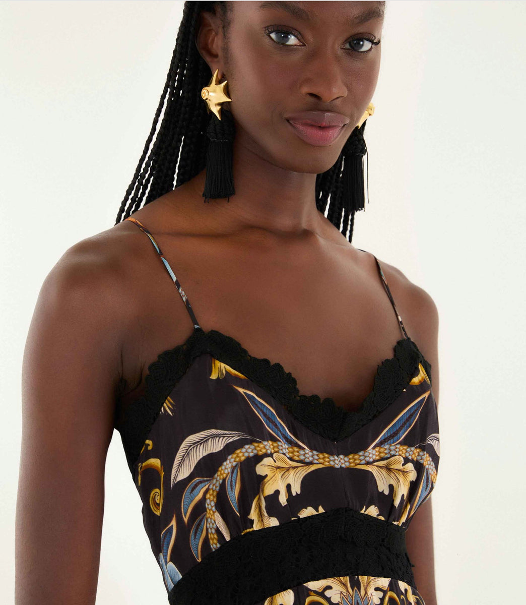 farm rio black flowered bust midi dress FARM Rio Blossom Tapestry floral-print button-front Midi Dress | Black