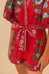 Farm Rio Sweet Bloom Bouquet Red Romper