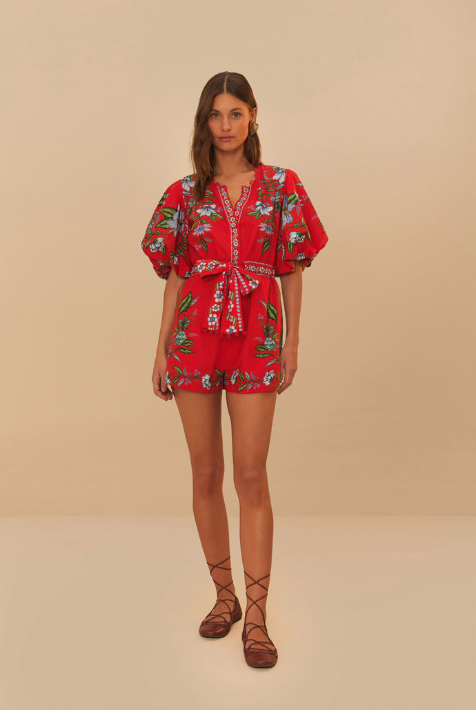 Farm Rio Sweet Bloom Bouquet Red Romper