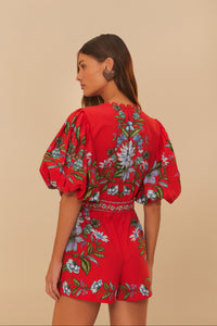 Farm Rio Sweet Bloom Bouquet Red Romper