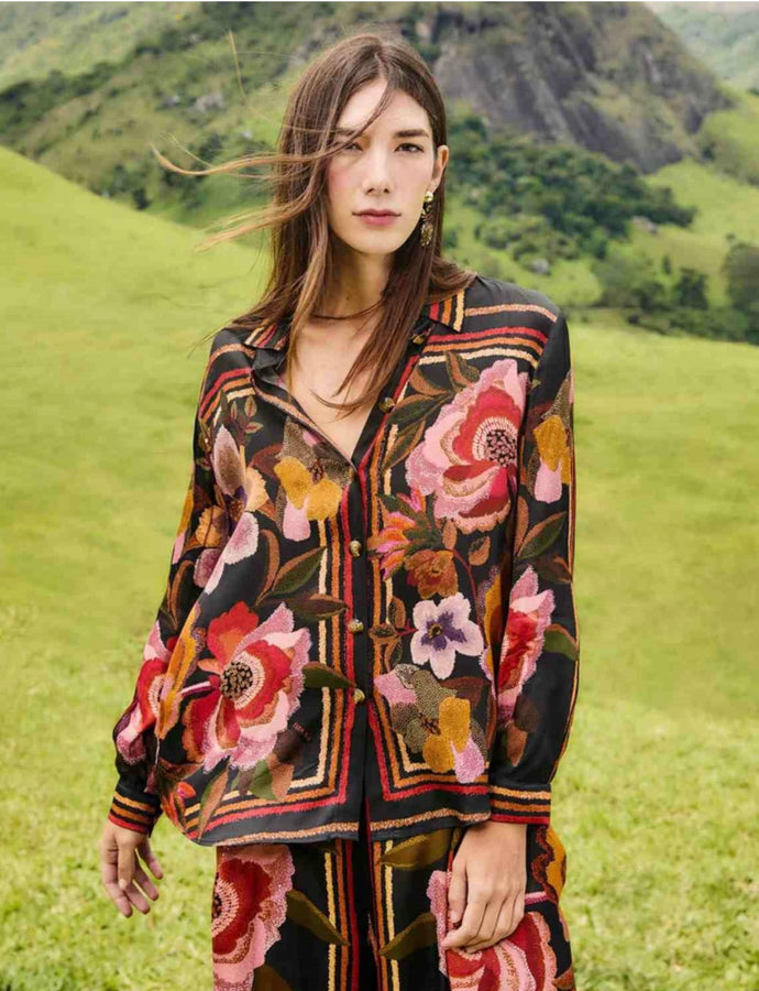 Farm Rio Chenille Black Flowers Shirt