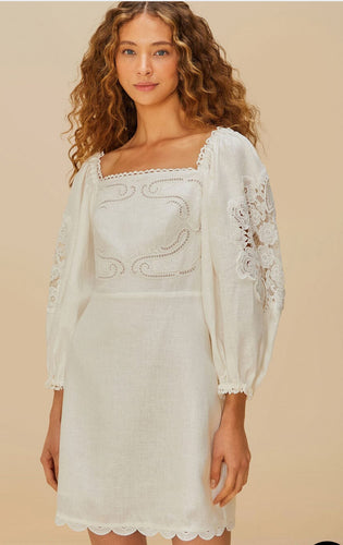Farm Rio Off-White Embroidered Euroflax™ Premium Linen Mini Dress