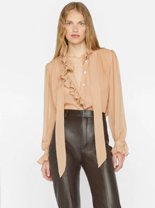 FRAME Ruffle Front Button Up Shirt in Blush