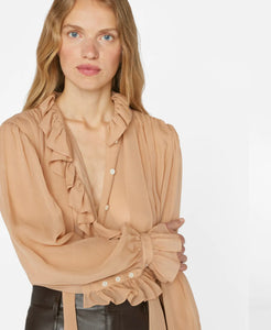 FRAME Ruffle Front Button Up Shirt in Blush