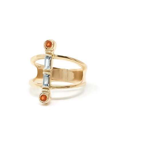 women's gold ring with blue topaz and mexican fire opals