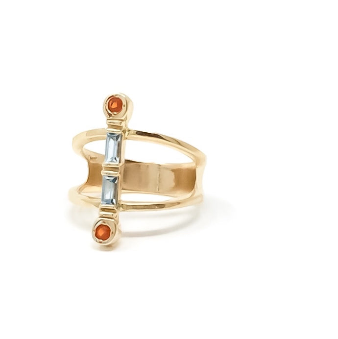 women's gold ring with blue topaz and mexican fire opals