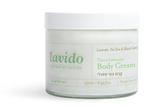 Lavido Thera Intensive Body Cream this therapeutic body cream is concentrated with Vitamin E and therapeutic oils like Nigella, Tea Tree and Evening Primrose to help accelerate skin regeneration while it aids in the recovery of hypersensitive skin conditions like excessive dryness, environmentally damaged skin, psoriasis, and seborrhea. 