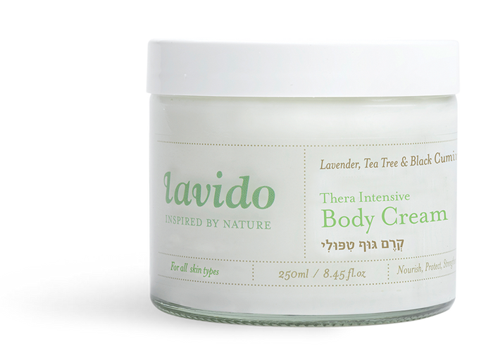Lavido Thera Intensive Body Cream this therapeutic body cream is concentrated with Vitamin E and therapeutic oils like Nigella, Tea Tree and Evening Primrose to help accelerate skin regeneration while it aids in the recovery of hypersensitive skin conditions like excessive dryness, environmentally damaged skin, psoriasis, and seborrhea. 